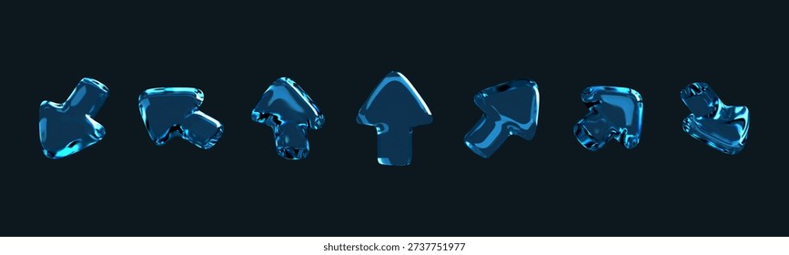 3D set of glass click cursor icons with mouse arrows pointing in different directions. Stock vector illustration.