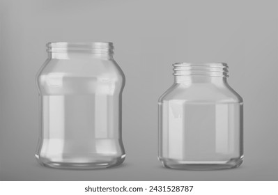 Conjunto 3D de tarros de vidrio aislados sobre fondo gris. Ilustración vectorial realista de envases transparentes vacíos para alimentos conservados, recipiente de almacenamiento de cocina, conservas de mermelada o encurtidos, maqueta de utensilios de cocina