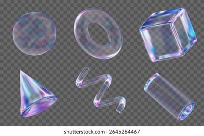 Forma geométrica holográfica transparente do vidro do conjunto 3d: quadrado, cilindro, esfera, toro, cone, espiral. Figuras simples de neon com grade para o seu design. Ilustração de vetor de estoque em plano de fundo isolado.
