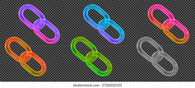 3d set glass transparent neon chain or link icon. Y2k style. Stock vector illustration on isolated background.	
