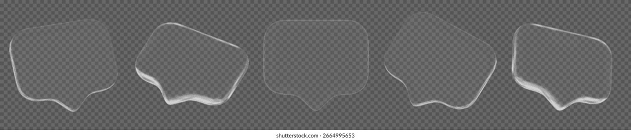 Bolhas de fala transparente de vidro 3d set. Ilustração de vetor de estoque em plano de fundo isolado.	

