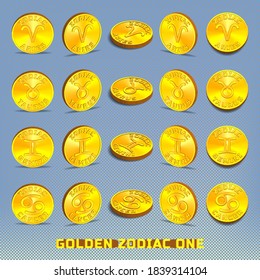 3d set of gold coin tokens dedicated to the astronomical zodiac. By horoscope signs Aries, Taurus, Gemini and Cancer. Part one. EPS10