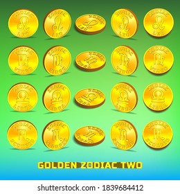 3d set of gold coin tokens dedicated to the astronomical zodiac. By horoscope signs Leo, Virgo, Libra and Scorpio. Part two. EPS10