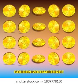 3d set of gold coin tokens dedicated to the astronomical zodiac. By horoscope signs Sagittarius Capricorn Aquarius Pisces. Part three. EPS10