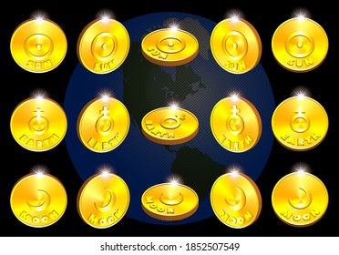 3d set of gold coin tokens in different projections. Astronomical signs of the sun, planet earth and moon. Part one. EPS10