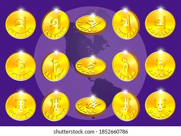 3d set of gold coin tokens in different projections. Astronomical signs of Jupiter, Saturn and Uranus. Part three. EPS10