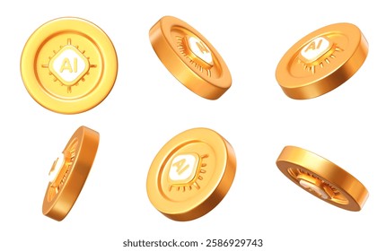 3D set of gold coins with chip artificial intelligence, taken from different angles. Stock vector illustration on isolated background.	
