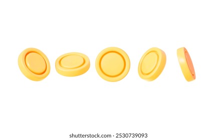 3D set of gold coins in different angles on a white background. Vector collection.