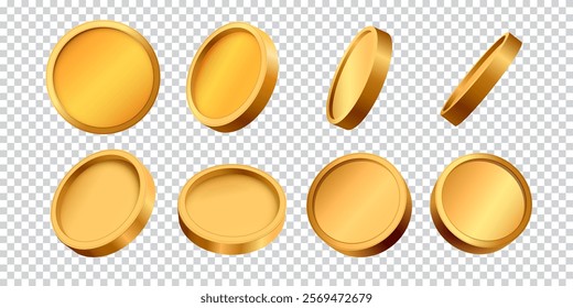 3D set gold coins with different angles. Symbol wealth. Stock vector illustration on isolated background