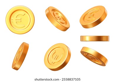 3D set of gold coins with the euro sign at different angles. The currency of the European Union. Stock vector illustration on an isolated background.