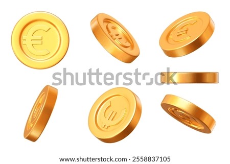 3D set of gold coins with the euro sign at different angles. The currency of the European Union. Stock vector illustration on an isolated background.