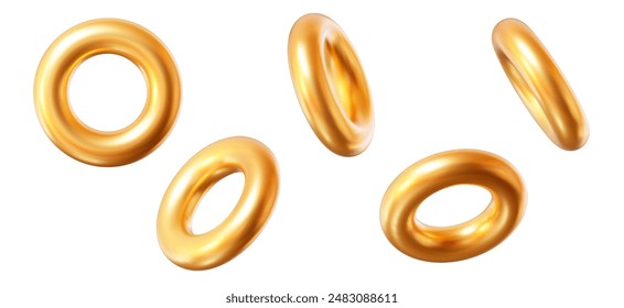 3d set of gold geometric shape torus. Metal simple figure for your design. Stock vector illustration on isolated background.		
