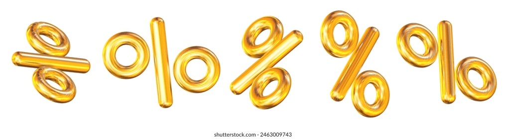 3d set of gold percent signs discount with different angles. Voucher gift. Stock vector illustration on isolated background.