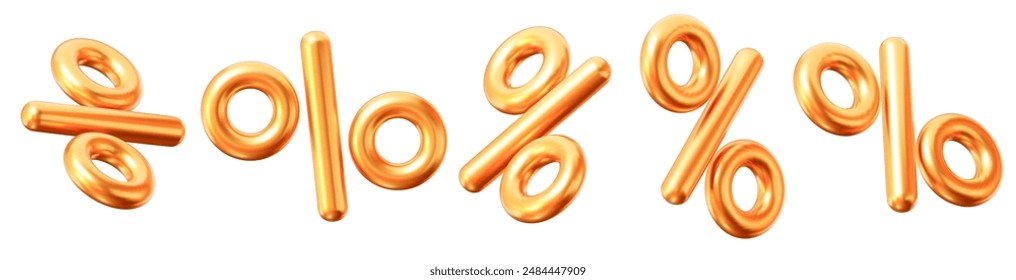 Conjunto 3d de signos de porcentaje de oro descuento con diferentes ángulos. Regalo de cupón. Ilustración vectorial de stock sobre fondo aislado.