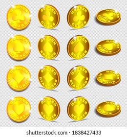 3d set of gold tokens with card suits. Golden clubs, spades, diamonds and hearts. Shadows and bright radiant glow. EPS10