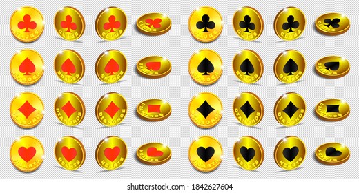 3d set of gold tokens with card suits. Red and Black clubs, spades, diamonds and hearts. Shadows and bright radiant glow. EPS10