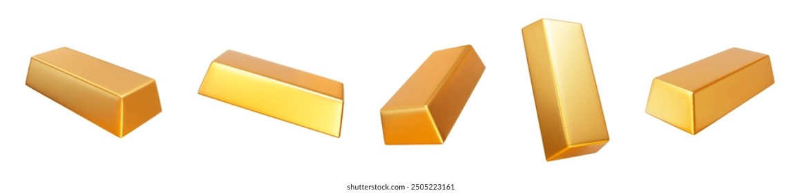 3d set golden bars. Gold bricks collection for finance, banking and trading. Stock vector illustration on isolated background.