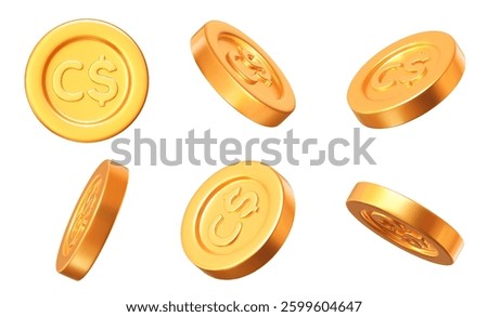 3d set of golden Canadian dollar coins with different angles. Stock vector illustration on isolated background.	
