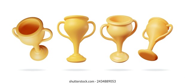 3D Set of Golden Champion Trophy. Render Gold Cup Trophy Icons Collection. Gold Trophy for Competitions. Award, Victory, Goal, Champion Achievement, Prize, Sports Award, Success. Vector Illustration