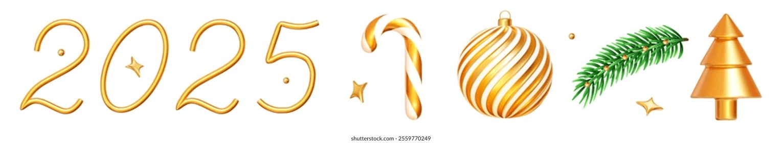 3d set golden Christmas decorations. Christmas tree, Christmas tree branch, candy, ball,stars, 2025 number. Stock vector illustration on isolated background.