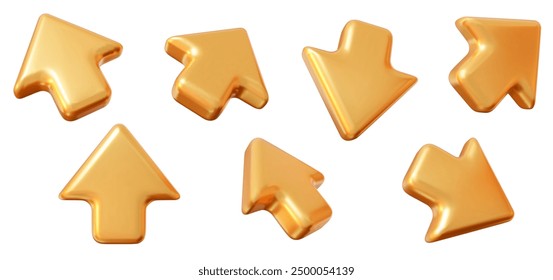 Conjunto 3D de icono de cursor de Hacer clic dorado. Flechas del ratón apuntando en diferentes direcciones. Ilustración vectorial de stock sobre fondo aislado.