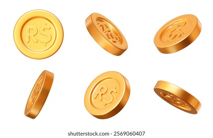 3d set of golden coins of Brazilian Real with different angles. Stock vector illustration on isolated background.	
