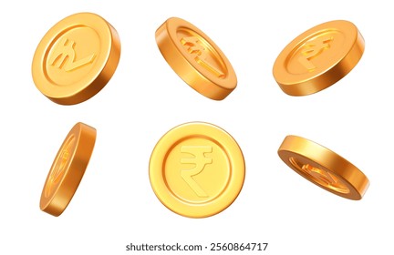 3d set of golden coins of Indian rupees with different angles. Stock vector illustration on isolated background.	
