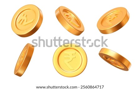 3d set of golden coins of Indian rupees with different angles. Stock vector illustration on isolated background.	
