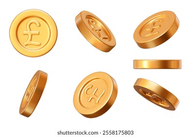 3D set golden coins with sign pound sterling different angles. Currency of United Kingdom. Stock vector illustration on isolated background.	