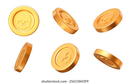 3d set of golden coins of skull with different angles. Pirate coin in cartoon style. Stock vector illustration on isolated background.	