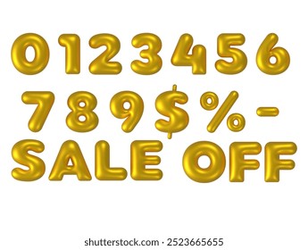 3D set of golden color figures and percentage sign. Number from 1 to 9. Discount numbers..