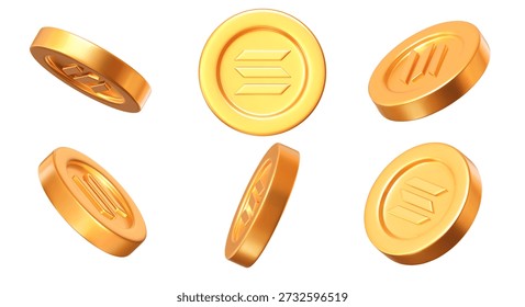 Moneda de criptomoneda dorada 3D set Solana con diferentes ángulos. Ilustración vectorial de stock sobre fondo aislado.	
