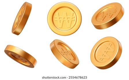 3D set golden Korean won coins with different angles. Stock vector illustration on isolated background.	
