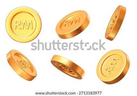 3D set golden Malaysian Ringgit currency coins with different angles. Kuala Lumpur money sign. Stock vector illustration on isolated background.	
