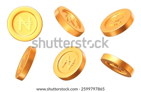 3d set of golden Nigerian Naira coin with different angles. Stock vector illustration on isolated background.	
