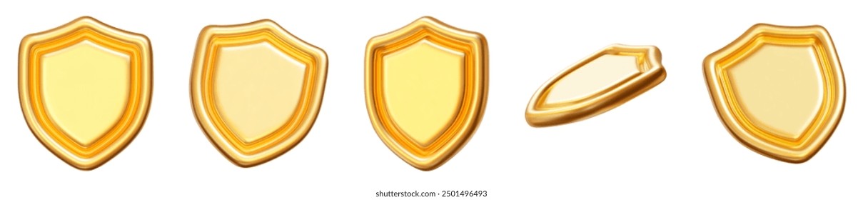 3d set golden shields with different angles. Concept of secure protection. Stock vector illustration on isolated background.