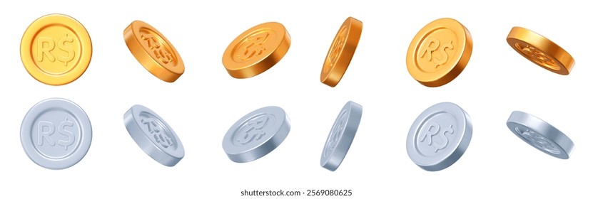 3d set of golden and silver Brazilian Real coins with different angles. Stock vector illustration on isolated background.	
