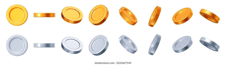 Conjunto 3D de monedas de oro y plata con diferentes ángulos. Símbolo de oro y riqueza. Ilustración vectorial de stock sobre fondo aislado.	
