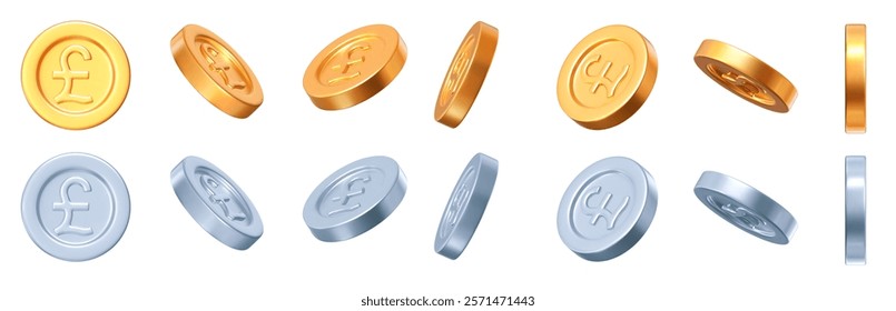 3D set golden and silver coins with sign pound sterling different angles. Currency of United Kingdom. Stock vector illustration on isolated background.	