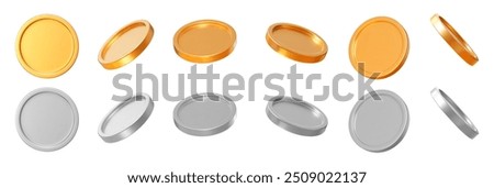 3D set golden and silver coins with different angles.  Symbol of gold and wealth. Stock vector illustration on isolated background.