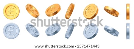 3D set golden and silver coins with sign pound sterling different angles. Currency of United Kingdom. Stock vector illustration on isolated background.	