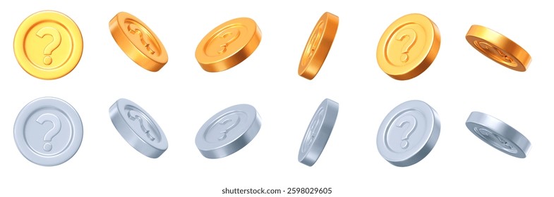 3d set golden and silver question mark coins with different angles. Stock vector illustration on isolated background.	
