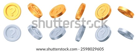 3d set golden and silver question mark coins with different angles. Stock vector illustration on isolated background.	
