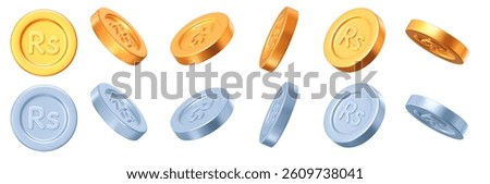 3d set golden and silver Rupee Pakistan coin with different angles. RS icon. Stock vector illustration on isolated background.	
