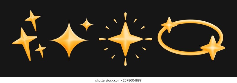 3D set of Golden sparkle icons on a dark background, for design, decoration, or digital art. Shiny star effects, branding, or creative visuals. glowing aesthetic, illustration vector