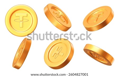 3d set golden Tether or USDT coin with different angles. Crypto money icon. Stock vector illustration on isolated background.	
