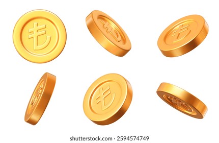 3d set of golden Turkish lira coins with different angles. Stock vector illustration on isolated background.	
