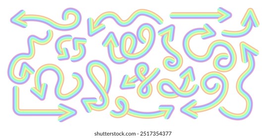 Conjunto 3D de flechas onduladas curvadas iridiscentes gradientes . Colección de flechas de colores lineales, punteros curvos. Elemento de diseño de Vector.