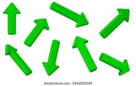 3d set of green click cursor icon. Mouse arrows pointing in different directions. Stock vector illustration on isolated background.