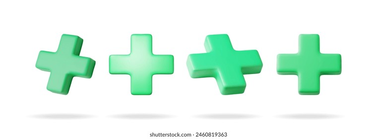 3D set of green cross sign isolated on white. Render collection of green plus symbol. Healthcare, hospital and medical diagnostics. Urgency and emergency services. Vector illustration